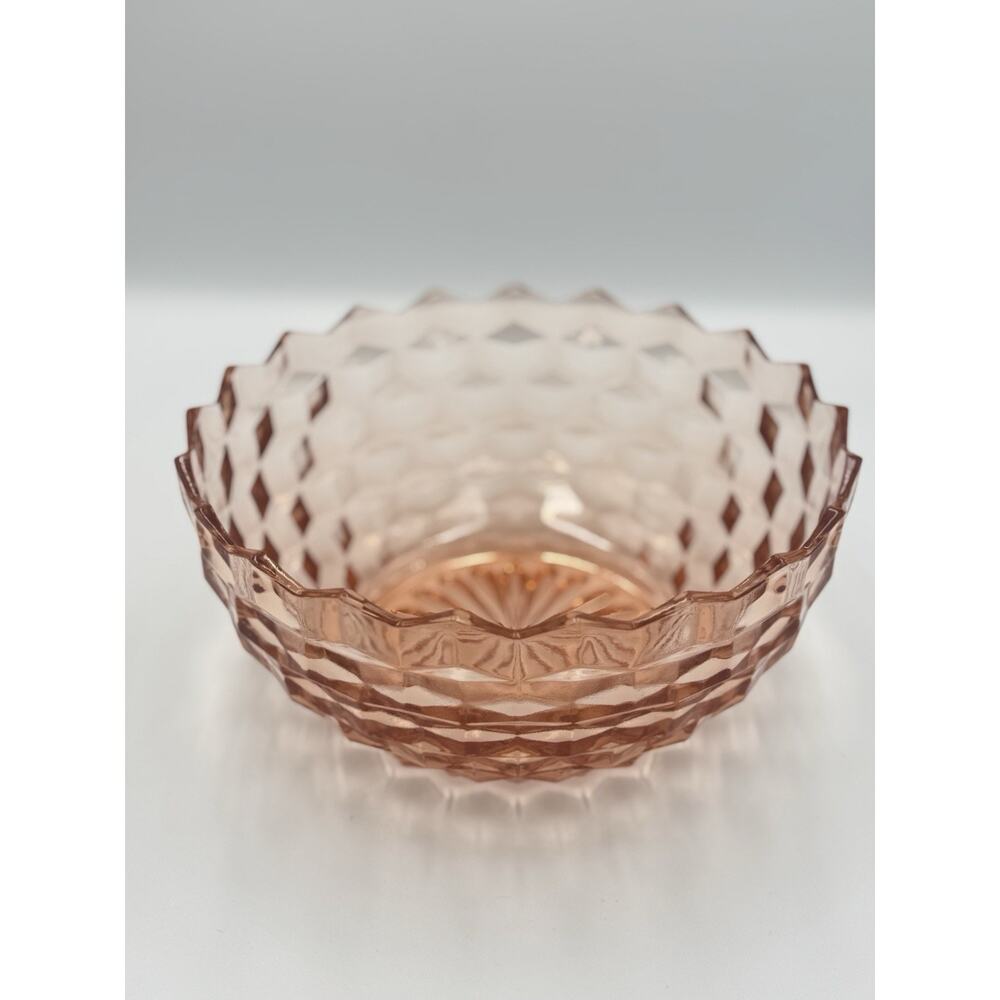 Mid Century Amber Pressed Glass Bowl Diamond Point Pattern Scalloped Rim MCM
